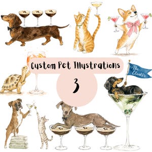 Puede incluir: Una colección de ilustraciones en acuarela con varias mascotas interactuando con copas de cóctel, incluyendo un perro salchicha con bebidas, un gato, un corgi con un lazo rosa, una tortuga, un bóxer y un perro sosteniendo una bandera The Clarke's.