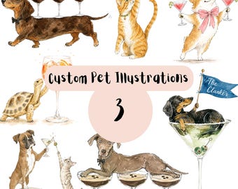 Custom Pet Cocktail Illustration | Personalised Dog & Cat Watercolour Portrait | Wedding Bar Sign | Save the Date | Digital Download