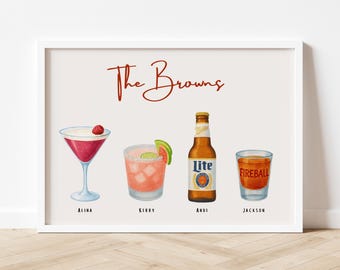 Impresión ilustrada personalizada de bebidas para compañeros de piso o amigos: ilustración de cóctel personalizada, descarga digital, regalo para compañeros de piso o para mudanzas.