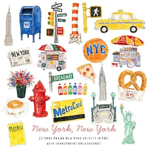 Pode incluir: Uma coleção de ilustrações em aquarela com ícones da cidade de Nova York, incluindo uma caixa de correio azul, um táxi amarelo, uma carroça de pizza, uma barraca de cachorro-quente, um hidrante, um MetroCard, a Estátua da Liberdade e um pretzel.