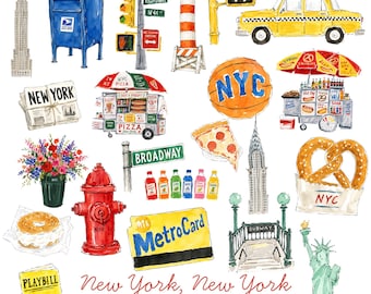 New York Watercolor Clipart Bundle | 22 NYC PNG Illustrations | Taxi, Pizza, Statue of Liberty & City Icons | Commercial Use