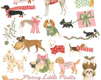 Christmas Dog Watercolor Clipart Bundle | 16 Festive Dog PNG Illustrations | Cute Holiday Puppy, Dachshund & Pet Clip Art | Commercial Use