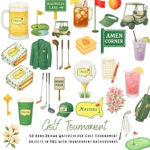 Masters Golf Clipart Set, 30 Watercolour Golf PNG Bundle, Golf Tournament Illustrations, Green Jacket, Golf Cart, Flowers, Transparent PNG
