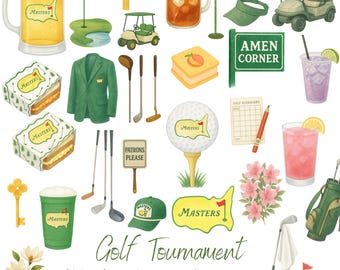 Masters Golf Clipart Set, 30 Watercolour Golf PNG Bundle, Golf Tournament Illustrations, Green Jacket, Golf Cart, Flowers, Transparent PNG