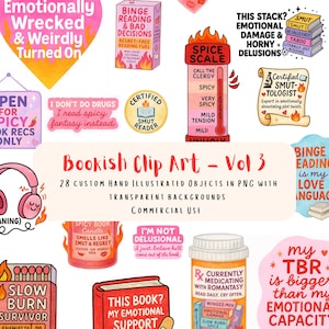 Puede incluir: Conjunto de imágenes prediseñadas de libros con 28 objetos ilustrados a mano con fondos transparentes. Incluye una escala de especias, una pila de libros etiquetados "Smut", una vela y un frasco de medicamentos. El arte tiene un tema romántico.