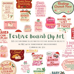 Könnte beinhalten: Eine Sammlung festlicher Clip-Art-Elemente mit einem buchigen Thema. Die Designs enthalten Texte wie "Lieber Weihnachtsmann", "Freche Liste?" und "Ich bin den ganzen Dezember ausgebucht" sowie Illustrationen zum Thema Feiertage. Der Text "Festive Bookish Clip Art" ist ebenfalls vorhanden.