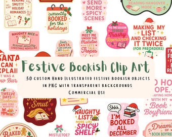 30 Christmas Bookish Clip Art | Funny Christmas Reading PNGs | Smutty Book Lover Stickers | Holiday Romance Digital Download