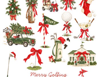 Christmas Golf Clipart | 14 Hand Painted Watercolor Golf PNGs | Preppy Country Club Christmas | Golfing Holiday Clip Art | Digital Download