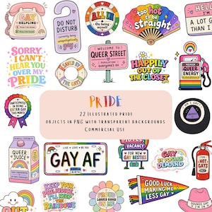 Op de afbeelding: Een verzameling van 22 kleurrijke digitale illustraties met pride-thema iconen, waaronder een roze telefoon, een regenboog melkpak, een benzinepomp, een brandblusser, een kentekenplaat met GAY AF en diverse borden met teksten zoals QUEER STREET.