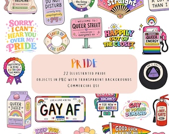 Paquete de 22 imágenes prediseñadas del Orgullo en formato PNG / Pegatinas y diseños para sublimación del Orgullo LGBTQ+ / Imágenes prediseñadas con frases divertidas para gays / Gráficos del Orgullo Arcoíris para uso comercial