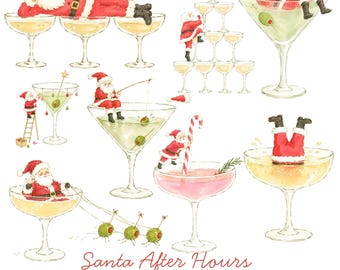 Drunk Santa Watercolor Clipart Bundle | Funny Christmas Cocktail PNG | Santa Claus Clip Art | Christmas Party Graphics | Commercial Use
