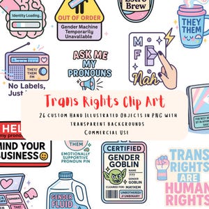 Może przedstawiać: Kolekcja kolorowych cyfrowych elementów graficznych o tematyce praw osób transpłciowych. Zawiera ilustracje radia, kubka do kawy, przełącznika oraz tekst "Trans Rights Clip Art" i "Ask Me My Pronouns".