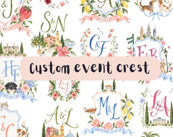 Custom Wedding Crest, Bespoke Watercolour Monogram, Personalised Wedding Logo, 3 Hand Painted Concepts