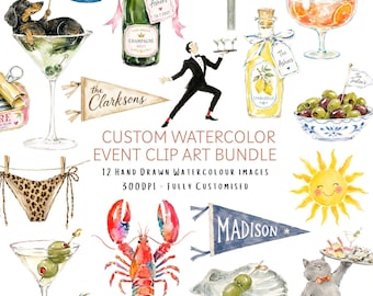 Custom Watercolor Event Illustrations | Personalized Bachelorette, Wedding, Anniversary & Birthday Clip Art | 12 Custom PNG Graphics
