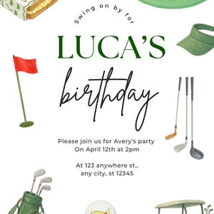 May include: Watercolor illustration of a golf-themed birthday invitation. Features golf clubs, a golf cart, a golf ball on a tee, and a sandwich. The invitation reads "Luca's birthday".