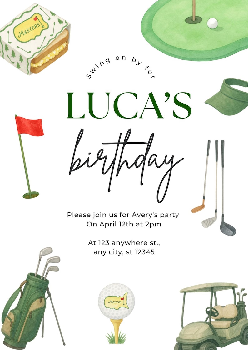 May include: Watercolor illustration of a golf-themed birthday invitation. Features golf clubs, a golf cart, a golf ball on a tee, and a sandwich. The invitation reads "Luca's birthday".