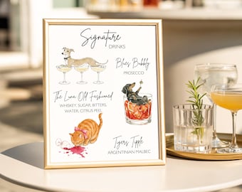 Custom Whimsical Watercolour Pet Cocktail Sign | Pet Bar Sign | Digital Download | Personalized Wedding Decor | Up to 3 Pets