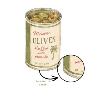 以下が含まれることがあります： 水彩イラストの「Miami OLIVES stuffed with pimento」の缶。缶は緑とベージュで、ヤシの木のグラフィックがあります。ラベルには正味重量170グラムと記載されています。オリーブは緑色で、赤いピメントが入っています。