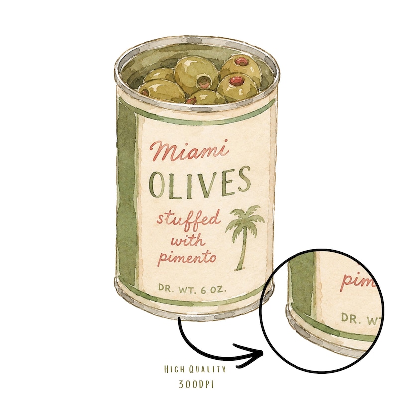 以下が含まれることがあります： 水彩イラストの「Miami OLIVES stuffed with pimento」の缶。缶は緑とベージュで、ヤシの木のグラフィックがあります。ラベルには正味重量170グラムと記載されています。オリーブは緑色で、赤いピメントが入っています。