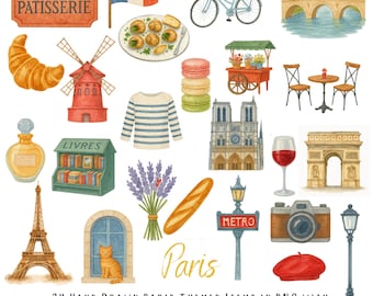 Paris Clipart Set - 24 handgezeichnete Aquarell PNGs mit transparenten Hintergründen - französische Reise, Café, Bäckerei, Mode & Stadt Illustrationen