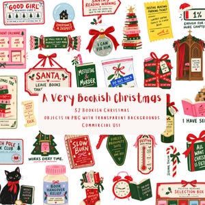 Peut inclure: Une collection numérique d'illustrations sur le thème de Noël et des livres, comprenant un chat noir, un flacon de remède contre la gueule de bois littéraire, des livres, des ornements et des panneaux avec le texte A Very Bookish Christmas.