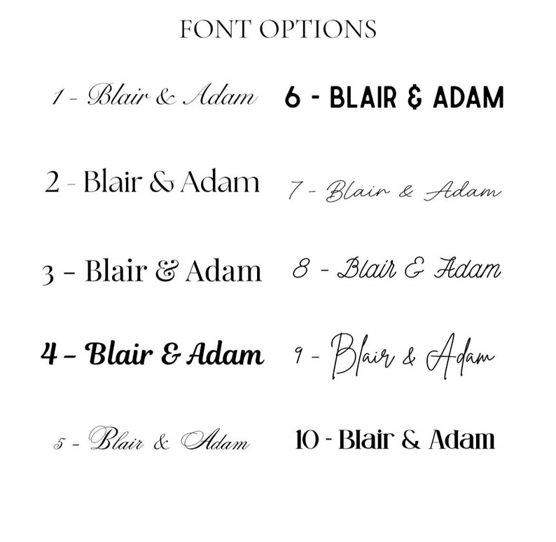 K&ouml;nnte beinhalten: Eine Grafik mit 10 verschiedenen Schriftarten f&uuml;r die Namen "Blair & Adam".