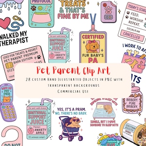 May include: A selection of colourful pet-themed clip art illustrations. Includes images of a dog in a pram, a dog on a bed, a juice carton, a dog tag, a phone, and text that reads "Pet Parent Clip Art".