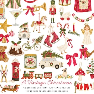 Puede incluir: Una colección de 48 ilustraciones en acuarela dibujadas a mano con motivos navideños, incluyendo un cascanueces, un caballo de carrusel, patines rojos, un coche antiguo con un árbol, un oso de peluche, un tren, un buzón rojo y el texto A Vintage Christmas.