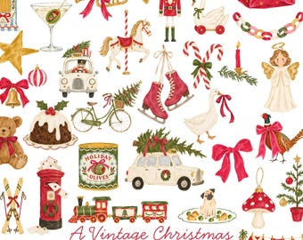 A Vintage Christmas Watercolor Clipart, 48 Vintage Christmas PNG Set, Festive Party Illustrations, Christmas Clip Art, Commercial Use