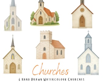 6 Watercolour Church Clipart PNG – Hand Drawn Church Illustrations with Transparent Background – Wedding, Christening, Faith Artwork