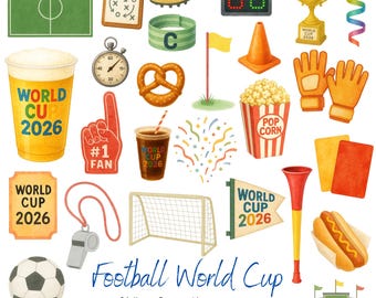26 Watercolor Soccer PNG Bundle – World Cup 2026 Football Icons, Hand Painted Sports PNG, Stadium, Food, Instant Download, Commercial Use
