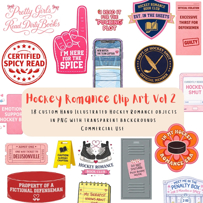 Puede incluir: Una colecci&oacute;n de elementos de clip art de romance de hockey ilustrados a mano. Incluye un dedo de espuma, un tel&eacute;fono con un coraz&oacute;n, una insignia de club de lectura, un c&iacute;rculo rojo con texto y un letrero rosa que dice "I'm here for the spice".