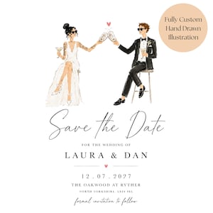 May include: A Save the Date wedding invitation featuring a hand-drawn illustration of two people in formal attire clinking oysters and glasses. Text includes: Fully Custom Hand Drawn Illustration, Save the Date, LAURA & DAN, 12.07.2027, THE OAKWOOD AT RYTHER.