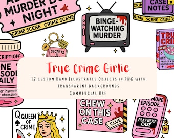 May include: A collection of hand-illustrated true crime themed objects in pink, black, and white. Includes a ticket that says "Admit One Murder Doc Night", a TV with "Binge-Watching Murder", and a playing card with "Queen of Crime".