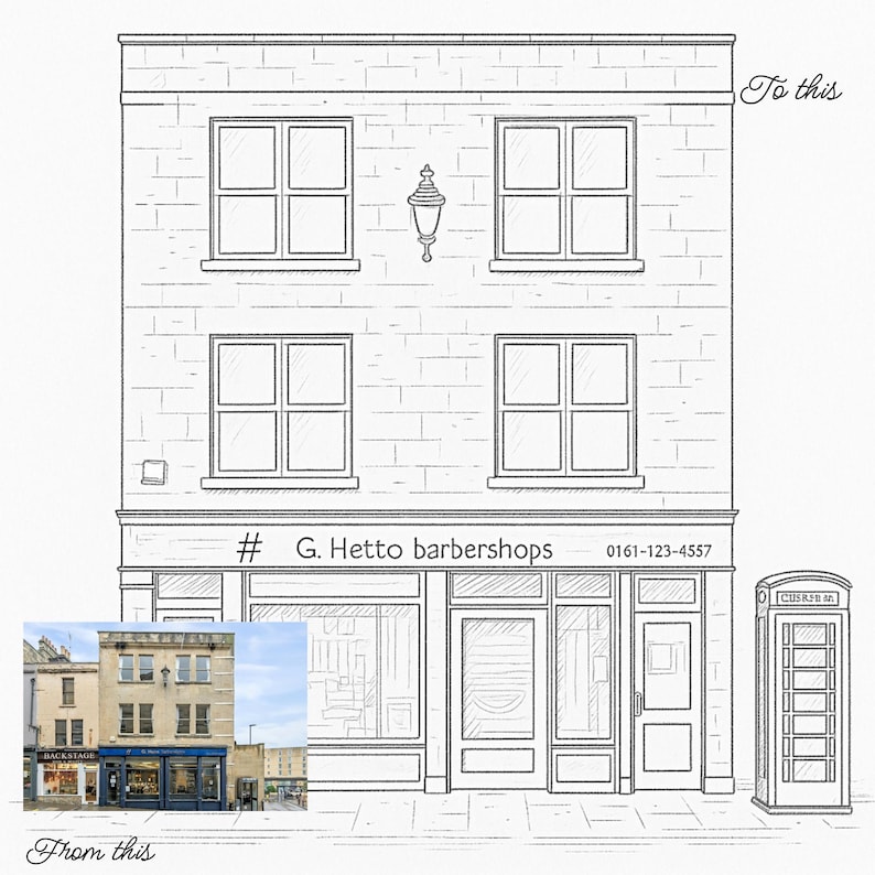 K&ouml;nnte beinhalten: Eine Schwarzwei&szlig;-Zeichnung einer Ladenfront mit einem Schild, auf dem "# G. Hetto barbershops 0161-123-4557" steht. Die Ladenfront hat zwei gro&szlig;e Fenster und eine T&uuml;r. Rechts von der Ladenfront befindet sich eine rote Telefonzelle. Die Zeichnung ist oben mit "To this" und unten mit "From this" beschriftet.