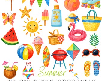 Summer Clipart Set – 24 Hand-Drawn Watercolour PNGs with Transparent Backgrounds – Beach, BBQ, Ice Cream, Flamingo & Sunshine Illustrations