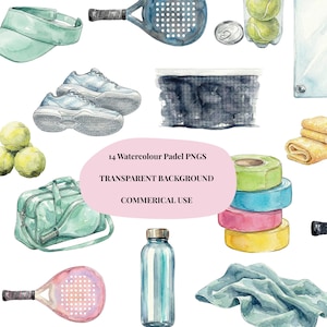 May include: A collection of watercolour illustrations depicting padel equipment. The image includes rackets, balls, trainers, a net, and a sports bag. Also shown are a water bottle, tape rolls, a visor, and a towel. Text on a pink oval reads "14 Watercolour Padel PNGS, TRANSPARENT BACKGROUND, COMMERICAL USE."