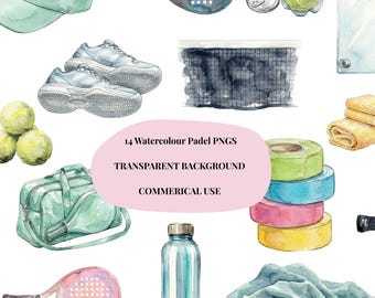 Watercolour Padel Clip Art – 14 Hand-Painted PNGs, Padel Rackets & Gear, Transparent Background, Commercial Use