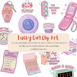 May include: A collection of whimsical clip art illustrations with a pink and pastel color scheme. Includes a motel key, dice, a traffic light, a flip phone, a Magic 8-Ball, a bowl of cereal, and text that says "Lucky Girl Clip Art".