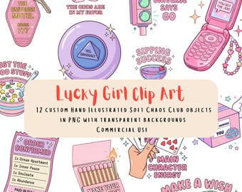 Lucky Girl Clip Art – 12 Manifestation PNG Stickers, Digital Soft Chaos Objects, Transparent Background, Commercial Use