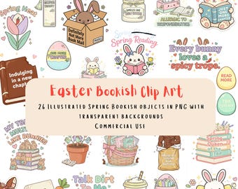 Easter Bookish Clip Art – 26 Spring Reading PNGs, Spicy Bunny Stickers, Romance Reader Clipart, Transparent Background, Commercial Use