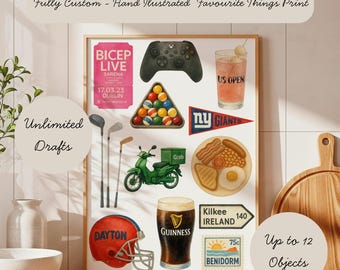 Hand Illustrated Favourite Things Watercolour Print | Custom Digital Artwork | Gift for Birthdays, Anniversary, Valentines, Digital Download