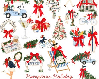 22 Christmas in the Hamptons Watercolor Clipart | Preppy Coastal Christmas PNG | Holiday Watercolour | Festive Hamptons Graphics