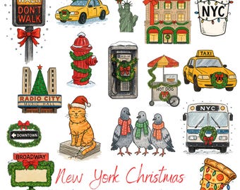 New York Christmas Clipart – 16 Hand Drawn Watercolour New York Holiday Elements – PNG with Transparent Background – Commercial Use