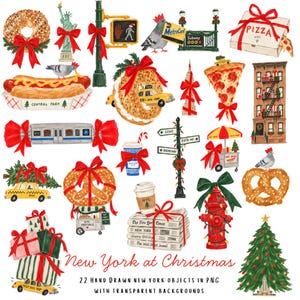 Peut inclure: Une collection d'illustrations de Noël dessinées à la main sur le thème de New York, incluant un bagel, la Statue de la Liberté, une boîte à pizza, un hot-dog, un métro, un bretzel, des panneaux de rue, une borne d'incendie et un sapin.