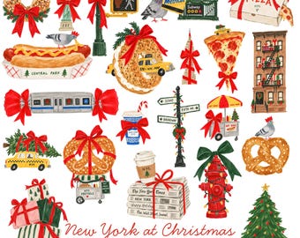 New York At Christmas Watercolor Clipart Bundle | 22 NYC PNG Illustrations | Taxi, Pizza, Statue of Liberty & City Icons | Commercial Use