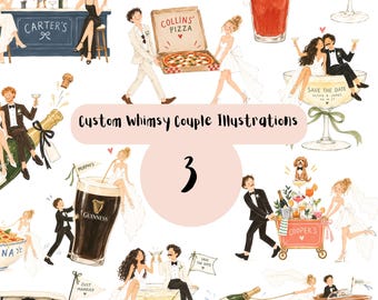 3 Custom Whimsy Wedding Watercolour Illustrations  | Personalised Bride & Groom Artwork | Wedding Sign | Save the Date | Digital Download