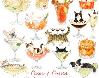 Paws and Pours Watercolour Clipart | Cocktail Cats & Dogs PNG Bundle | Loose Hand Painted Pet Illustrations | 14 Transparent PNG Files