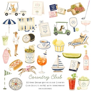 Country Club Clipart Set – 30 Hand-Drawn Watercolor PNGs with Transparent Backgrounds – Watercolor Golf, Tennis, Pickleball & Summer PNGs