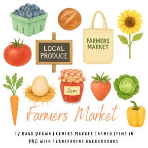 May include: Watercolor illustration of farmers market items. Includes blueberries, bread, a tomato, a sign that says "LOCAL PRODUCE", a tote bag with "FARMERS MARKET", a sunflower, a carrot, an egg, jam, a strawberry, a cabbage, and a yellow bell pepper. The text "Farmers Market" is also included.